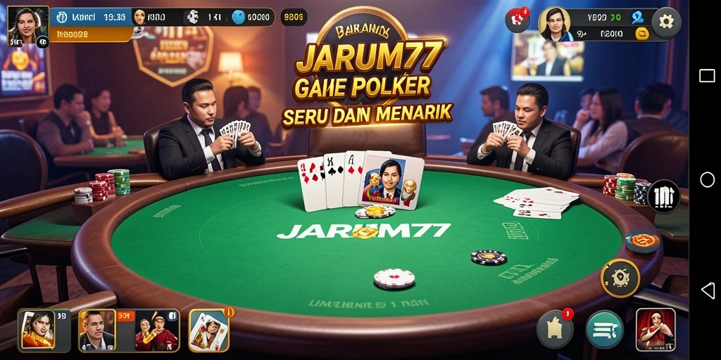Screenshot gameplay JARUM77 menunjukkan aksi poker yang menegangkan.