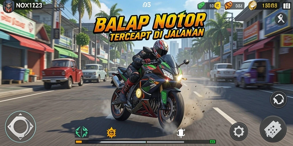 Tampilan gameplay <strong>NOX123</strong> yang mendebarkan saat balapan motor.