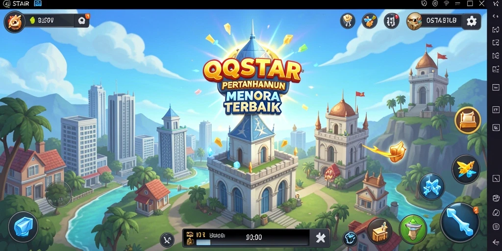 Tampilan menara dan musuh dalam gameplay <strong>QQSTAR</strong> yang menegangkan.